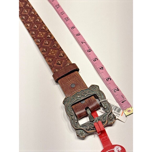 NWT $74 Justin Rough Diamond Studded Western Belt Brown Leather Women’s Size 30 - Picture 7 of 11